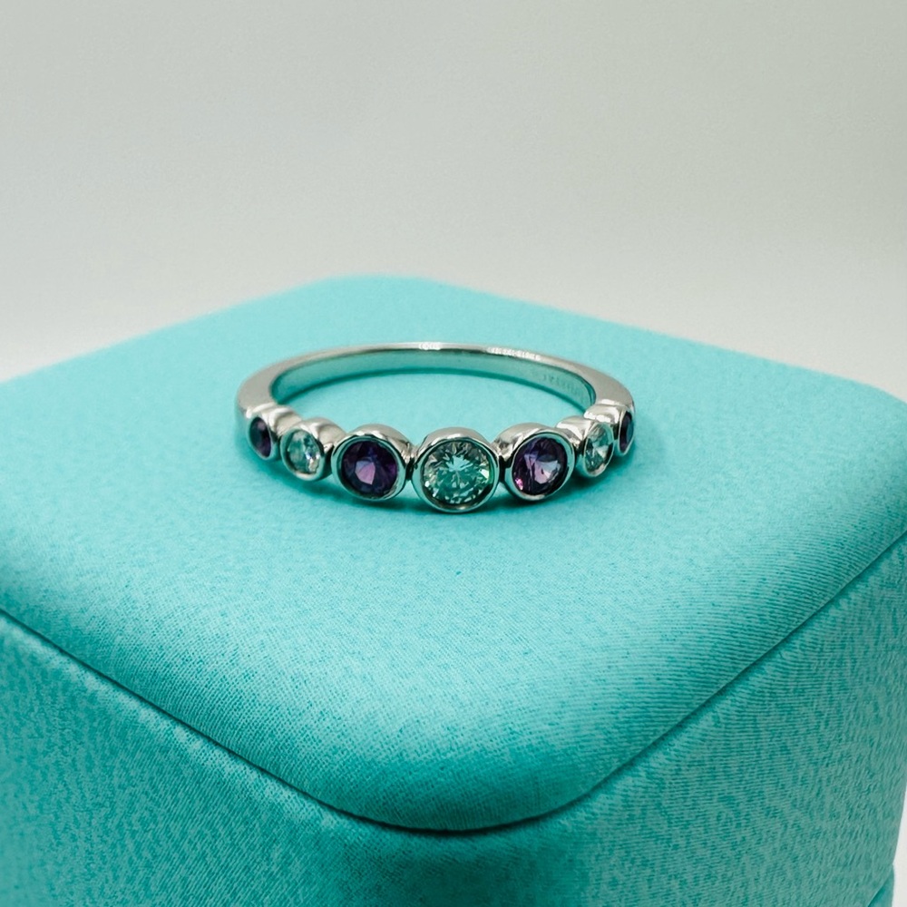 RARE Tiffany & Co. Platinum Jazz Ring with Diamonds and Pink Sapphires Packaging
